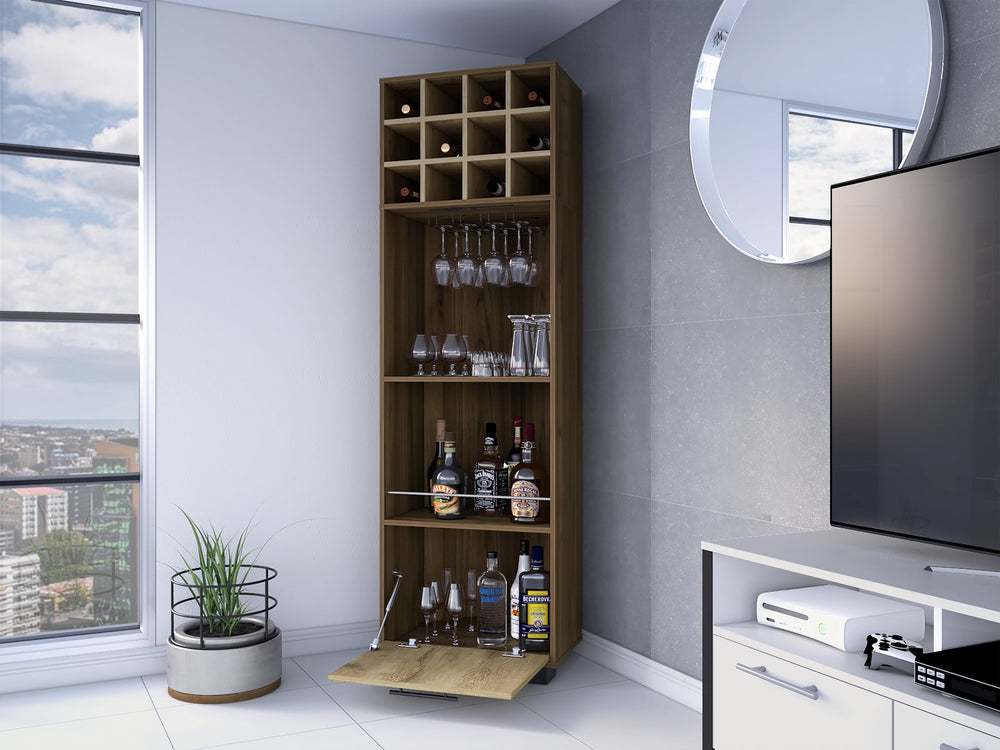 English Elm Jackson Corner 12-Bottle Bar Cabinet with Cup Rack, 2 Shelves & Drawer in Mahogany Macadamia Finish B062S00013