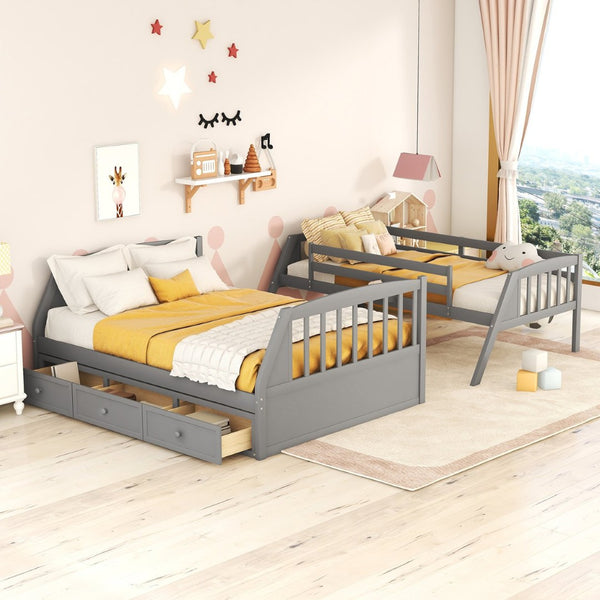 English Elm Twin-over-full Bunk Bed with Storage Staircase Drawers and Pine Wood Frame Gray LT000223AAE