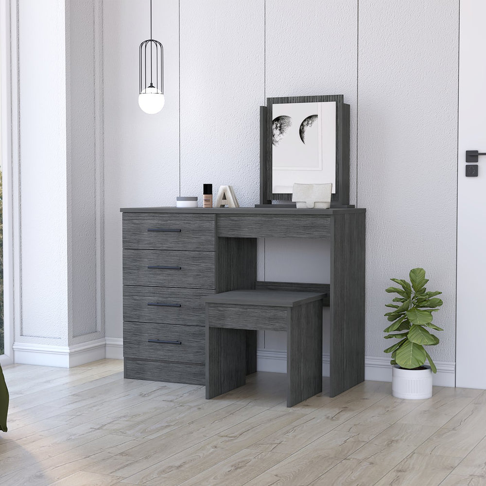 English Elm Stonington Smokey Oak 4-Drawer Makeup Dressing Table with Stool — Elegant Vanity, Ample Storage & Mirror B062S00168