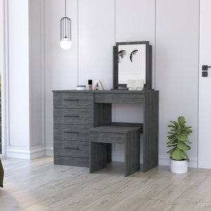 English Elm Stonington Smokey Oak 4-Drawer Makeup Dressing Table with Stool — Elegant Vanity, Ample Storage & Mirror B062S00168