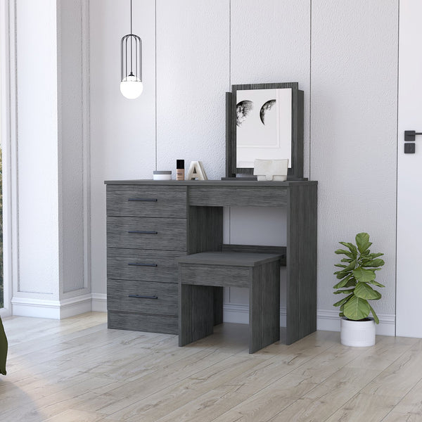 English Elm Stonington Smokey Oak 4-Drawer Makeup Dressing Table with Stool — Elegant Vanity, Ample Storage & Mirror B062S00168