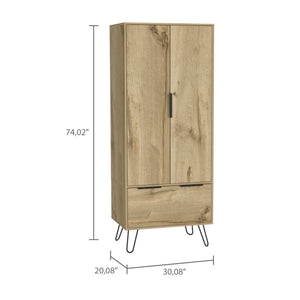 English Elm Light Oak Two-Door Wardrobe with Large Drawer, Hanging Rod & Shelf for Organized Bedrooms B062S00022