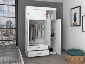 English Elm Kingswood White 2-Drawer Rectangle Armoire with 6 Shelves & Hanging Rod for Spacious Organized Living B062S00139