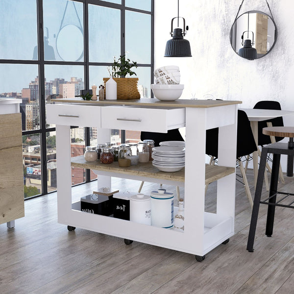 English Elm Rockaway Kitchen Island With 2 Drawers & Open Shelves - Stylish White & Light Oak Storage Solution B06280059-GIGA