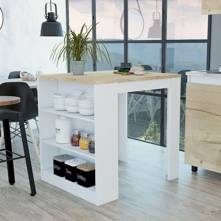 English Elm Elkins 3-Drawer Kitchen Island White and Pine — Compact Storage, Open Shelves, Multipurpose Dining Surface B062S00007
