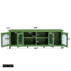 English Elm 71-inch Antique Green TV Console Table with Solid Wood Frame, Changhong Glass Doors & Metal Handles — Stylish Media Center for Bedroom or Kids' Room (74.8x22.05x7.87) W67966833