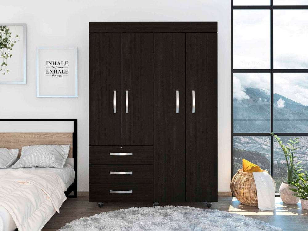 English Elm 3-Drawer Armoire Wenge on Wheels with 3 Drawers, 2 Cabinets, Hanging Rods & Spacious 68" Storage B062S00065