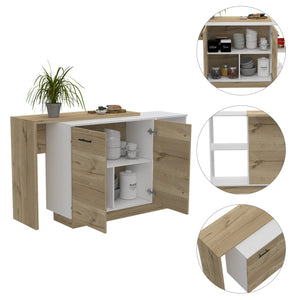 English Elm Chesterfield Rustic Melamine Kitchen Island 5-Shelf 1-Drawer 2-Door White Oak Look 59" Wide - Versatile Storage and Charming Design B062S00162