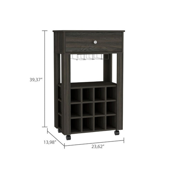 English Elm Espresso Carbon 12-Bottle Wine Cabinet with Drawer, Glass Storage & Casters for Modern Homes B06279977