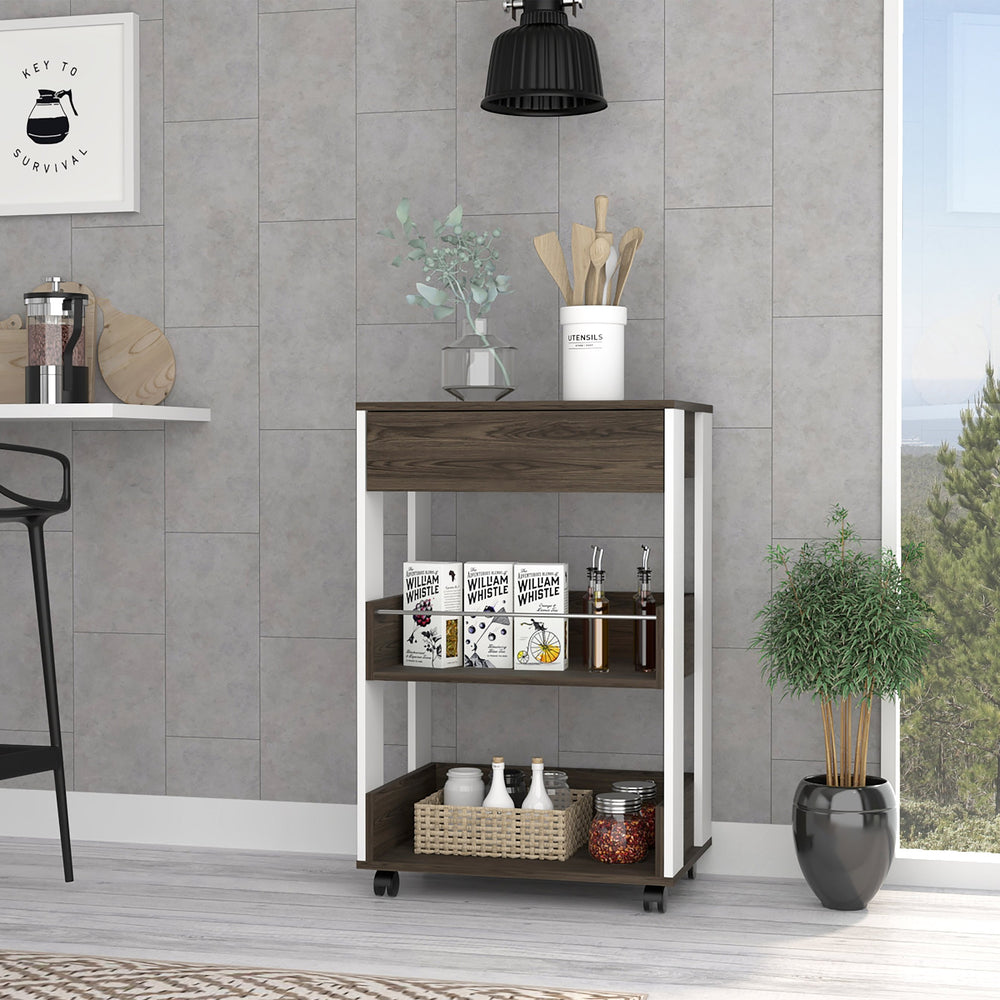 English Elm White White and Dark Walnut 1-Drawer 2-Shelf Kitchen Cart with Caster, Countertop, Full-Extension Slide, Storage B06280136