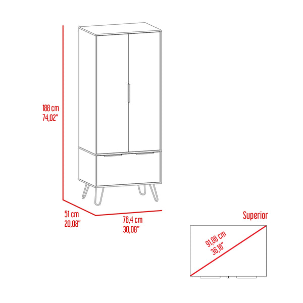 English Elm Light Oak Two-Door Wardrobe with Large Drawer, Hanging Rod & Shelf for Organized Bedrooms B062S00022