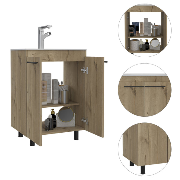 English Elm Light Oak Freestanding Vanity Cabinet with Drop-In Sink, 2 Doors, 2 Shelves, Rectangular 23.8"W x 34.1"H B062S00121