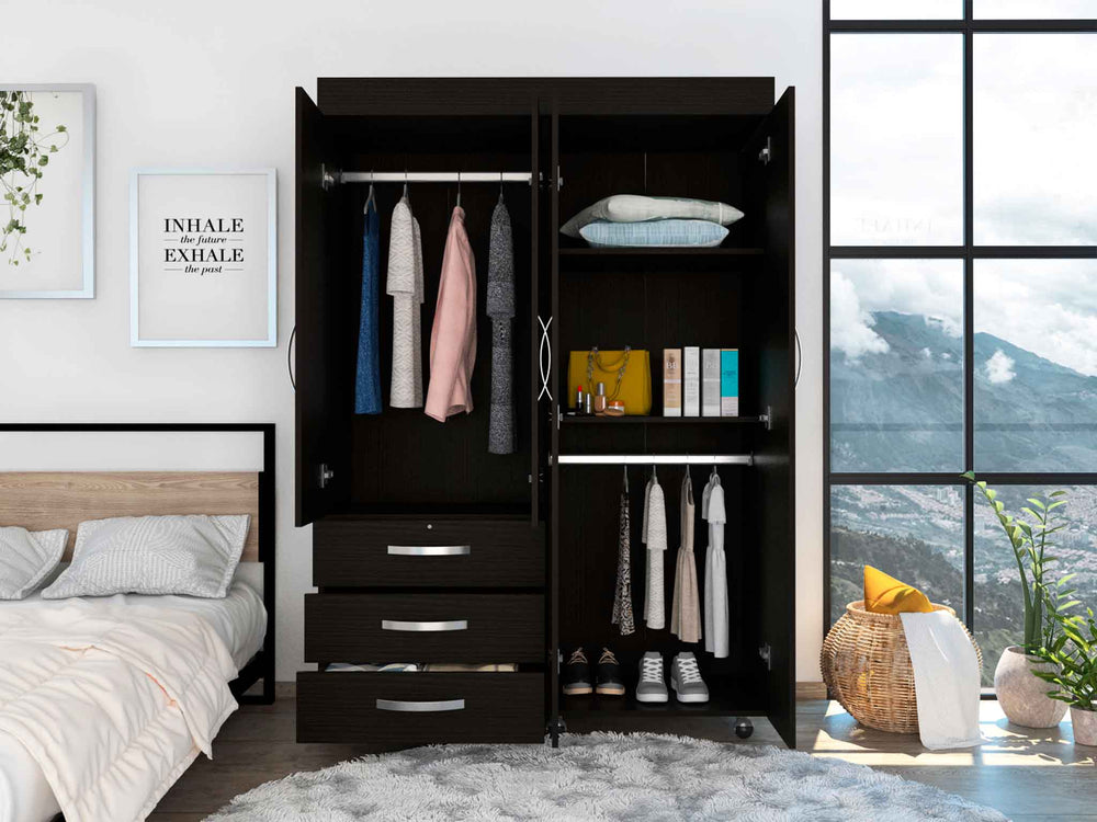 English Elm 3-Drawer Armoire Wenge on Wheels with 3 Drawers, 2 Cabinets, Hanging Rods & Spacious 68" Storage B062S00065
