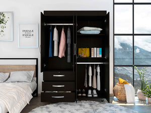 English Elm 3-Drawer Armoire Wenge on Wheels with 3 Drawers, 2 Cabinets, Hanging Rods & Spacious 68" Storage B062S00065