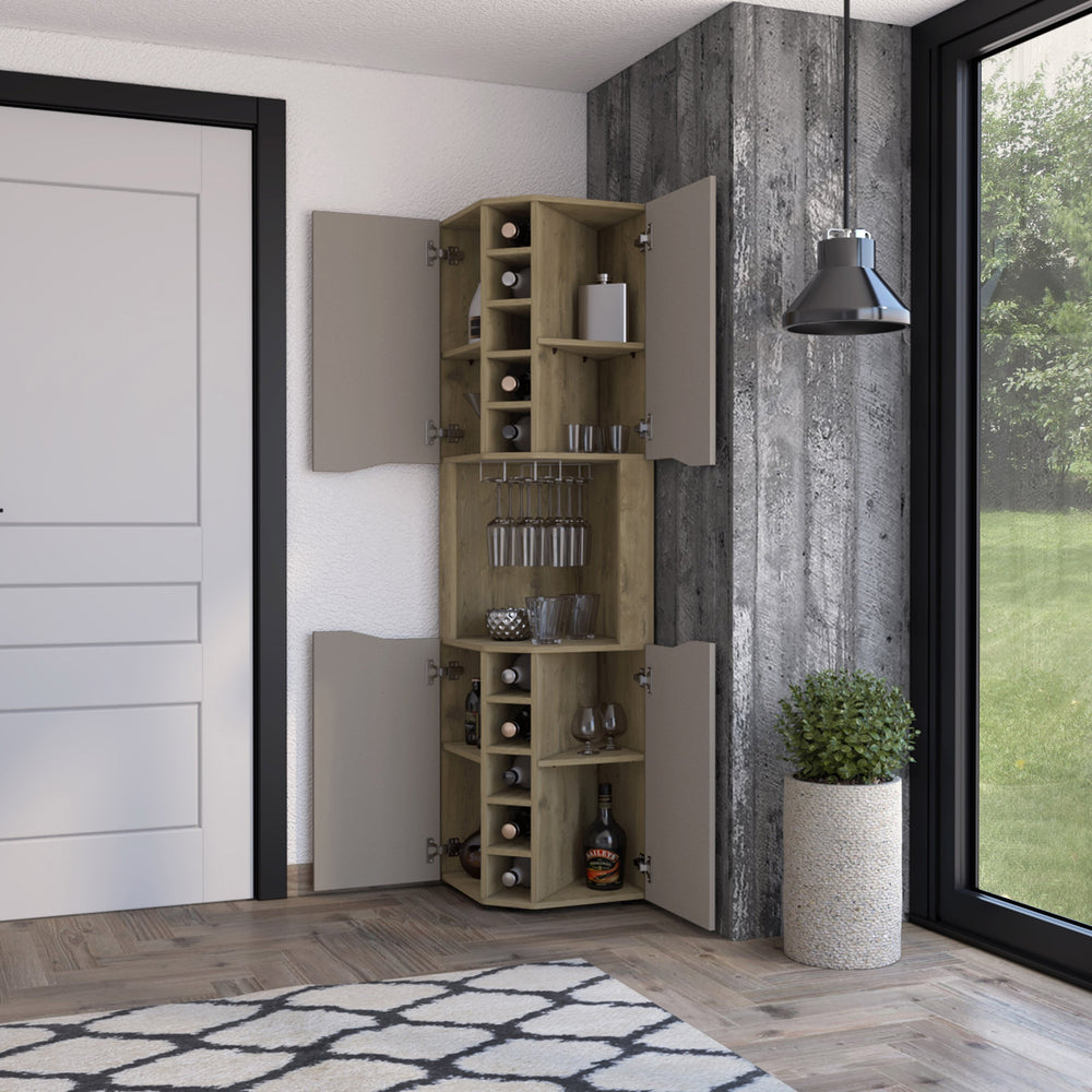 English Elm Macadamia 10-Bottle Bar Cabinet with Taupe Finish, 4 Doors, Cup Rack & Top Shelf for Stylish Storage B062S00076