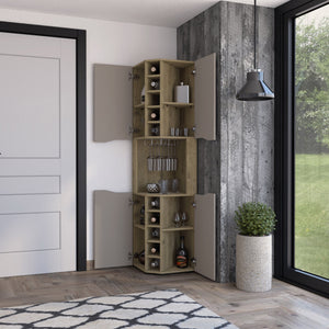 English Elm Macadamia 10-Bottle Bar Cabinet with Taupe Finish, 4 Doors, Cup Rack & Top Shelf for Stylish Storage B062S00076