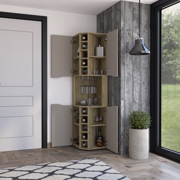 English Elm Macadamia 10-Bottle Bar Cabinet with Taupe Finish, 4 Doors, Cup Rack & Top Shelf for Stylish Storage B062S00076