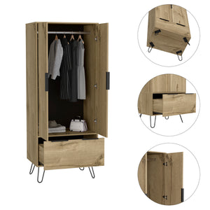 English Elm Light Oak Two-Door Wardrobe with Large Drawer, Hanging Rod & Shelf for Organized Bedrooms B062S00022
