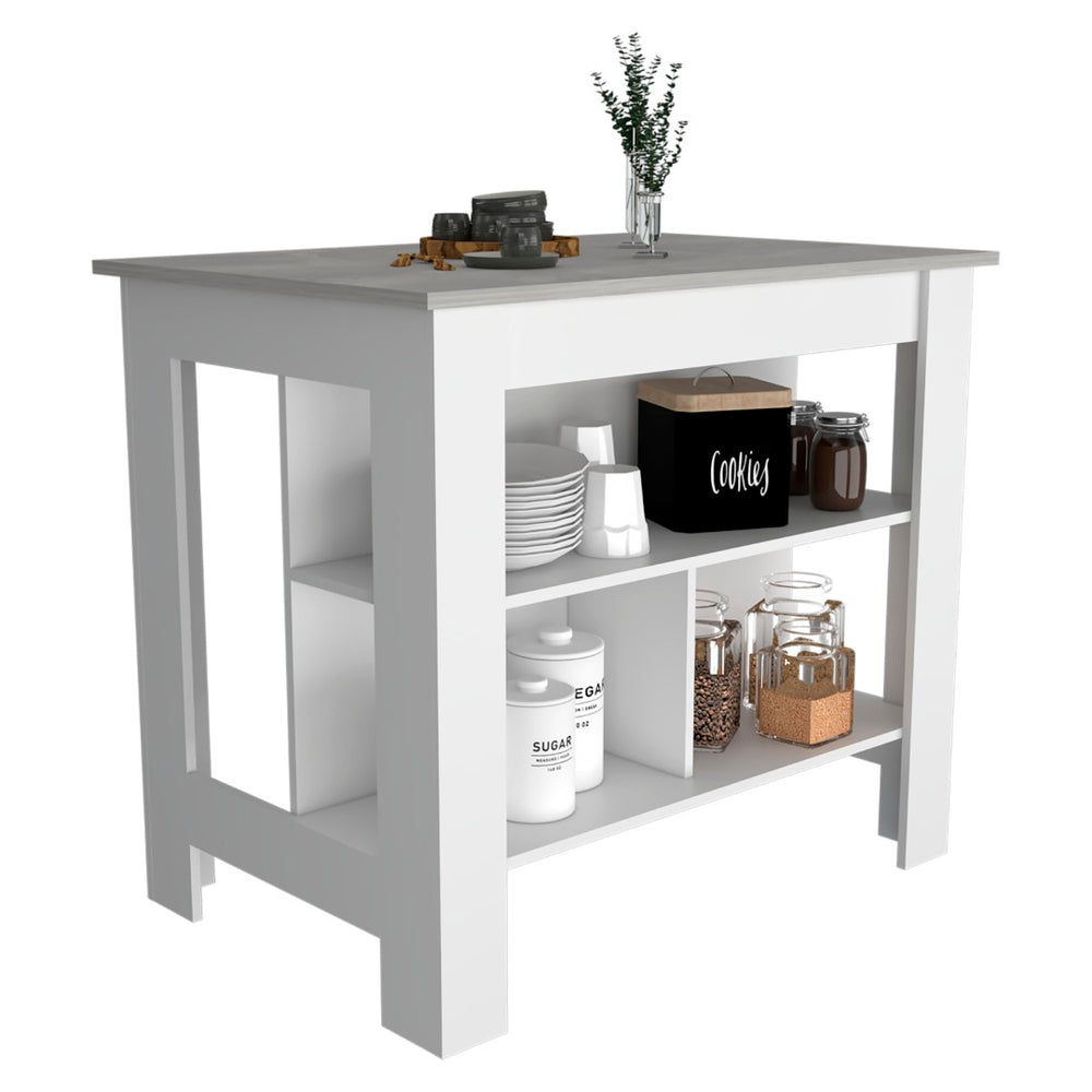 English Elm Rockaway 3-Shelf Kitchen Island With White Finish And Ibiza Marble Top For Stylish Storage Solutions B06280052-GIGA