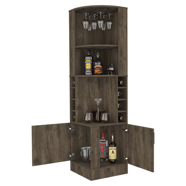 English Elm Dark Brown Elegant 8-Bottle Bar Cabinet with 2 Shelves, Concealed Storage & Showcase Centerpiece - Tall 71" Decorative Liquor Organizer B062P202124