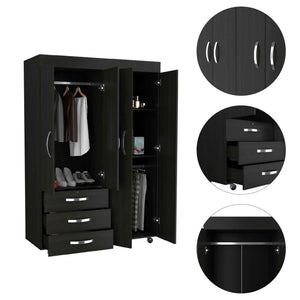 English Elm 3-Drawer Armoire Wenge on Wheels with 3 Drawers, 2 Cabinets, Hanging Rods & Spacious 68" Storage B062S00065