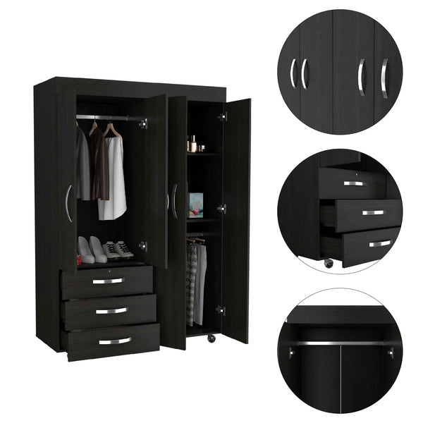 English Elm 3-Drawer Armoire Wenge on Wheels with 3 Drawers, 2 Cabinets, Hanging Rods & Spacious 68" Storage B062S00065