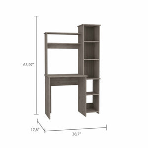 English Elm Light Grey 6-Shelf Writing Desk with Built-in Bookcase — Modern Storage, Sturdy Manufactured Wood Design (99) B06280291