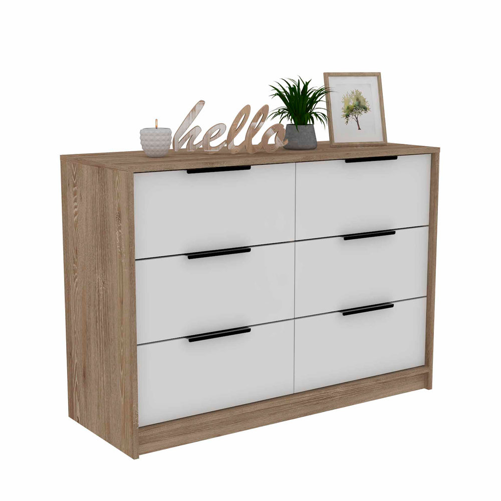 English Elm Longhill Two-Tone 6-Drawer Dresser in Pine & White — Modern Wood Grain, Pull-Down Cabinets, Spacious Top (98) B062S00143