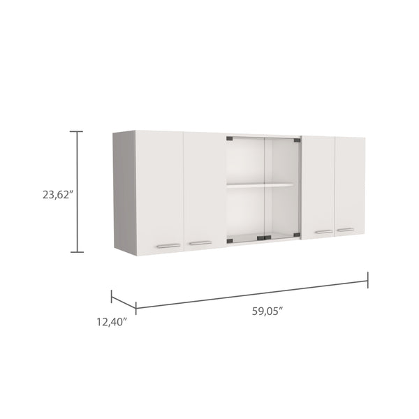 English Elm Shelton 59" Wall Cabinet White with 6 Doors & 2 Glass Panels, Spacious Shelving for Bath or Suite B06280519