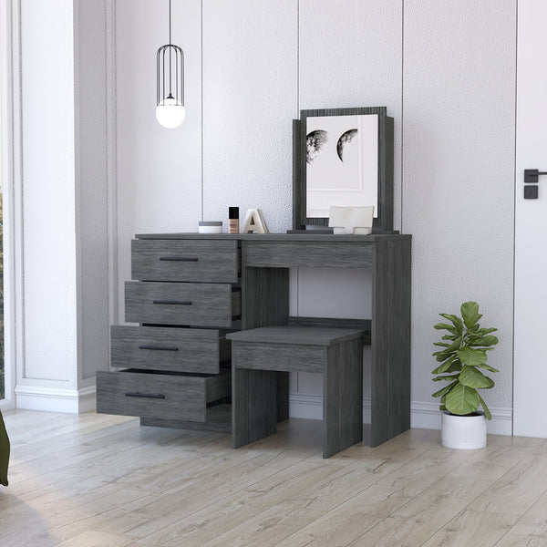 English Elm Stonington Smokey Oak 4-Drawer Makeup Dressing Table with Stool — Elegant Vanity, Ample Storage & Mirror B062S00168