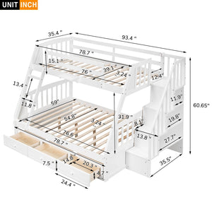 English Elm Twin-over-full Bunk Bed with Storage Staircase Drawers and Pine Wood Frame LT000223AAK