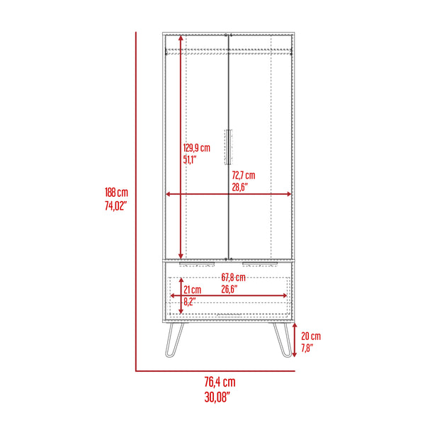 English Elm Light Oak Two-Door Wardrobe with Large Drawer, Hanging Rod & Shelf for Organized Bedrooms B062S00022