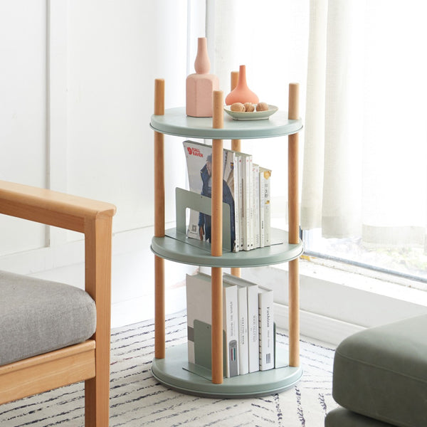 English Elm Storage Shelf 3 Tier Rotating Bookcase Beech Wood and Metal Base for Any Room W128367496