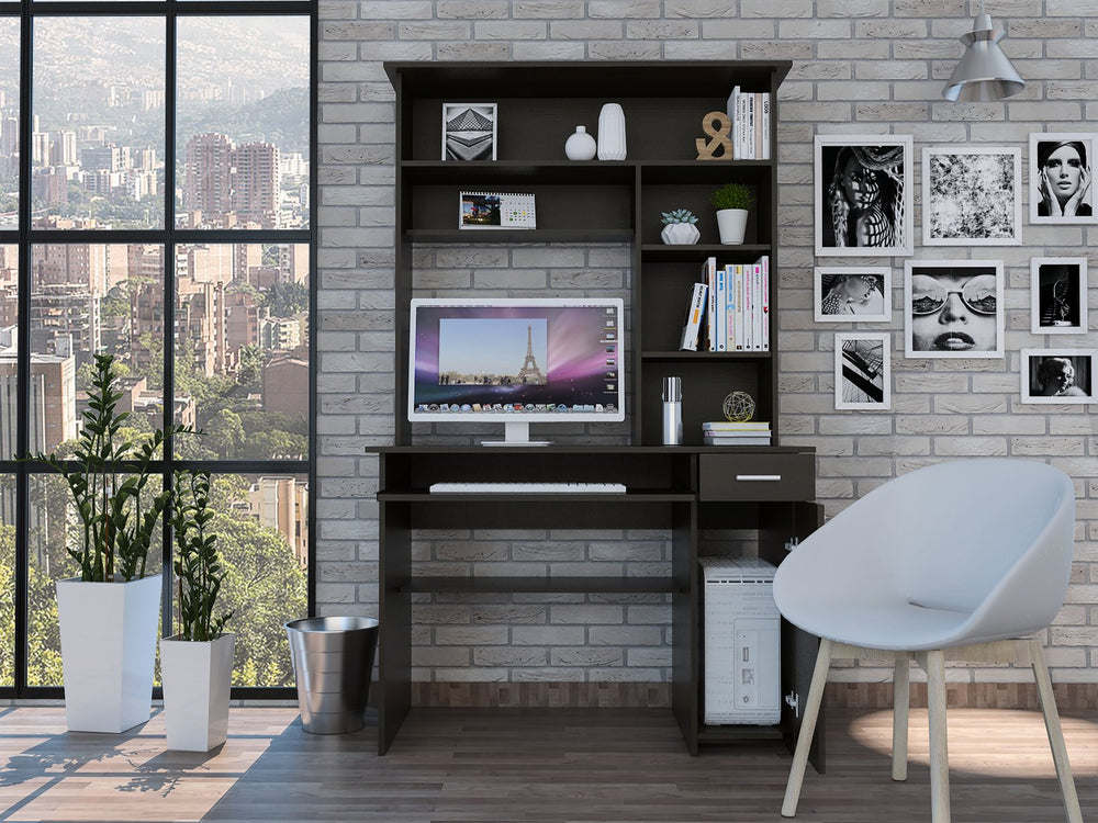 English Elm Wenge 7-Shelf Computer Desk with Hutch, 2 Drawers & Cabinet—Spacious Work Surface, Modern Storage B062S00132