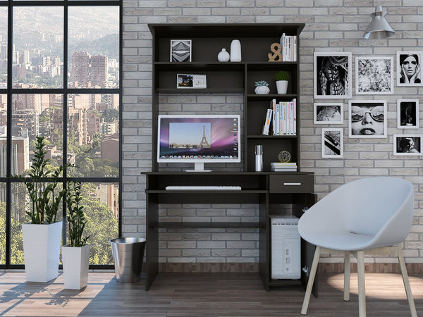 English Elm Wenge 7-Shelf Computer Desk with Hutch, 2 Drawers & Cabinet—Spacious Work Surface, Modern Storage B062S00132