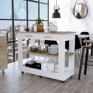 English Elm Rockaway Kitchen Island With 2 Drawers & Open Shelves - Stylish White & Light Oak Storage Solution B06280059-GIGA