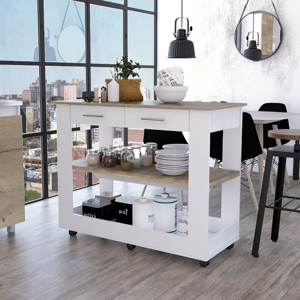 English Elm Rockaway Kitchen Island With 2 Drawers & Open Shelves - Stylish White & Light Oak Storage Solution B06280059-GIGA