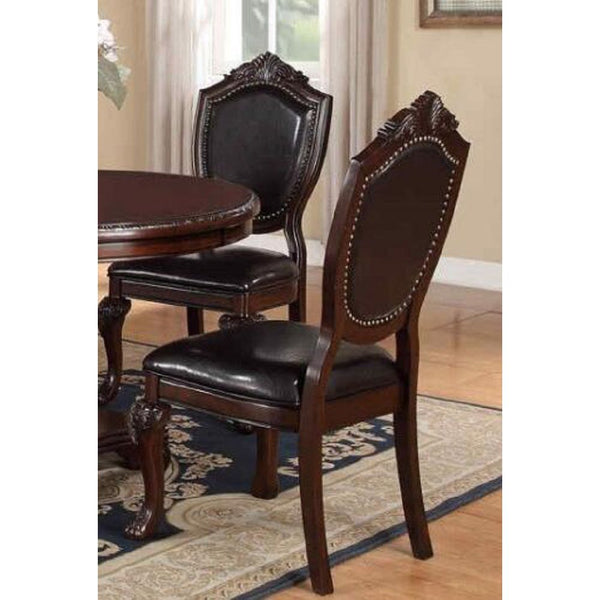 English Elm Formal Royal 9pc Dining Set with 66"+18" Leaf, Carved Floral Pedestal Table & PU Upholstered Chairs B011S00276