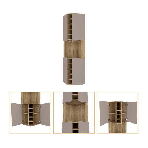 English Elm Macadamia 10-Bottle Bar Cabinet with Taupe Finish, 4 Doors, Cup Rack & Top Shelf for Stylish Storage B062S00076