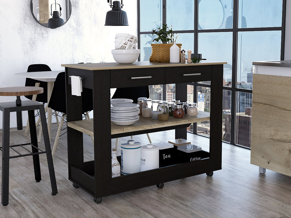 English Elm 2-Drawer Two-Tone Kitchen Island with 2 Shelves Plank-Style Storage Wenge & Light Oak Finish, Stylish Organizer B06280058