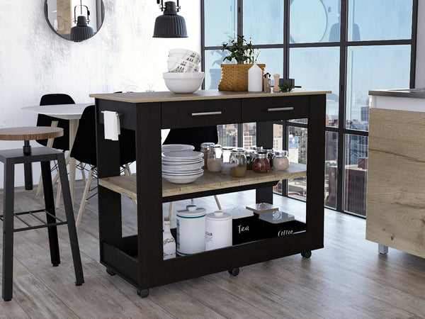 English Elm 2-Drawer Two-Tone Kitchen Island with 2 Shelves Plank-Style Storage Wenge & Light Oak Finish, Stylish Organizer B06280058