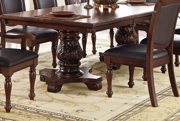 English Elm Majestic Royal Dining Set 9pc — Rubberwood Double Pedestal Table 66"+Leaf, Carved Floral Seats B011S00277