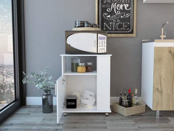 English Elm Correy 4-Shelf Microwave Cabinet with Wheels, White Mobile Storage Cart with 5 Shelves & Door for Kitchen Organization and Stylish Countertop Space B06280096
