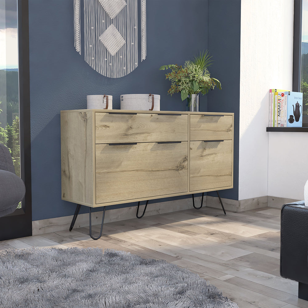 English Elm Stowe Light Oak 4-Drawer Dresser with Steel Legs — Durable, Spacious Storage, Modern Rectangular Design B062S00081