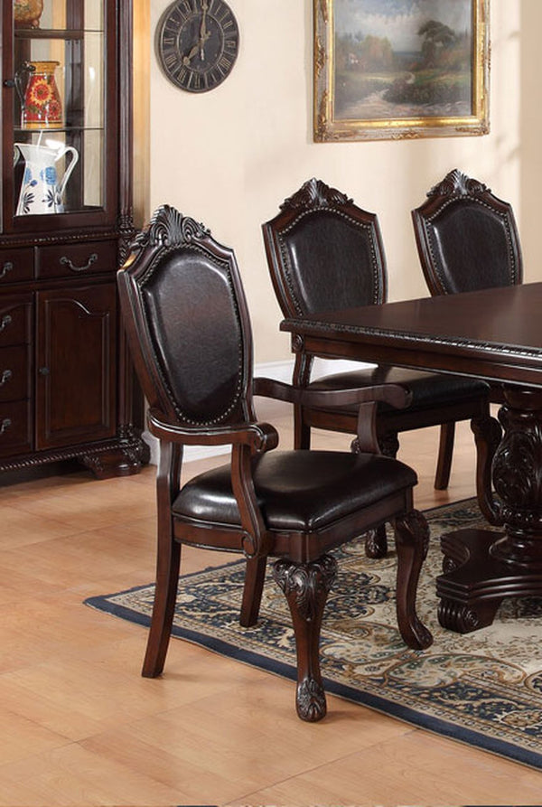 English Elm Formal Royal 9pc Dining Set with 66"+18" Leaf, Carved Floral Pedestal Table & PU Upholstered Chairs B011S00276