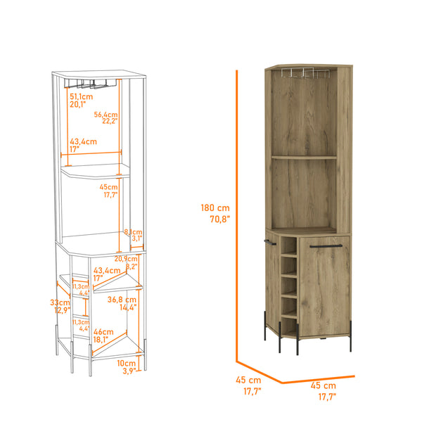 English Elm Macadamia 5-Bottle Bar Cabinet with 2 Shelves, 2 Doors & Cup Rack — Tall 70.8" Storage Unit, Macadamia Finish B062S00110
