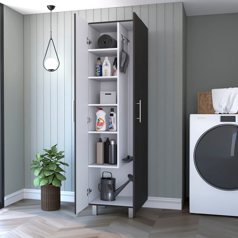 English Elm 2-Door Wenge and White Rectangle Pantry Cabinet with 5 Shelves, Tall Broom Closet for Modern Storage B062S00171