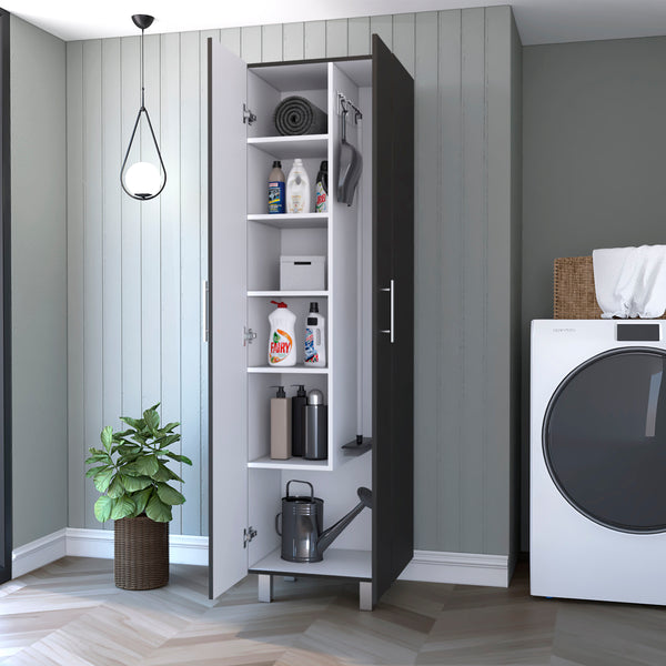 English Elm 2-Door Wenge and White Rectangle Pantry Cabinet with 5 Shelves, Tall Broom Closet for Modern Storage B062S00171