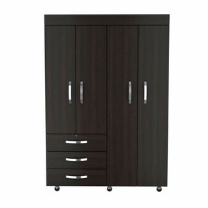 English Elm 3-Drawer Armoire Wenge on Wheels with 3 Drawers, 2 Cabinets, Hanging Rods & Spacious 68" Storage B062S00065