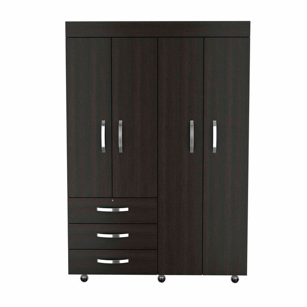 English Elm 3-Drawer Armoire Wenge on Wheels with 3 Drawers, 2 Cabinets, Hanging Rods & Spacious 68" Storage B062S00065